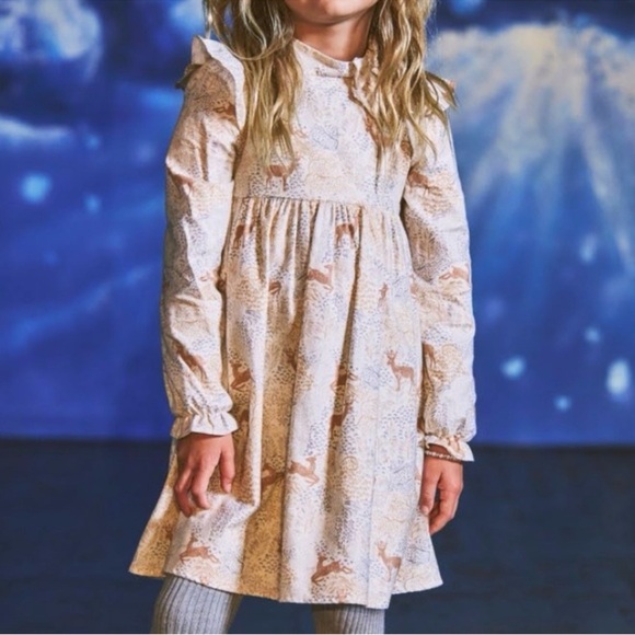 JANIE & JACK CREAM TAN BROWN DEER PRINT LONG SLEEVE TWILL DRESS - Picture 2 of 9